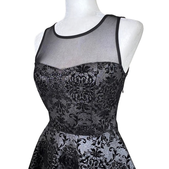 TRIXXI Dress Illusion Mesh Fit and Flare Velvet Flocked Goth Black Silver Small - Picture 3 of 16